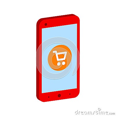 Smartphone with shopping cart, mobile shopping concept symbol. Vector Illustration