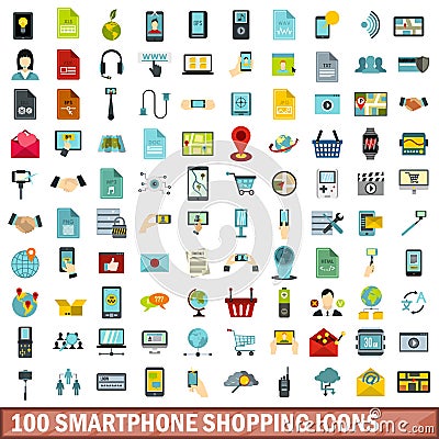 100 smartphone shopping icons set, flat style Vector Illustration