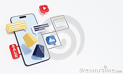 Smartphone shopping service, mobile app concept, 3d render Cartoon Illustration