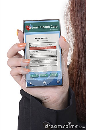 Smartphone showing medical certificate form on personal health application Stock Photo