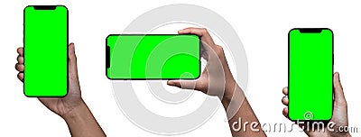 Smartphone similar to iphone 13 pro max with blank white green screen for Infographic Global Business Marketing Plan Stock Photo