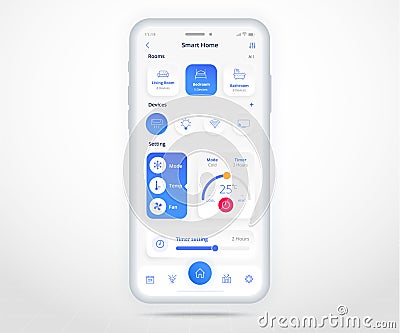 Smartphone smart home air conditioner controlled app UX UI, IOT Internet of things technology, Digital future home automation tech Vector Illustration