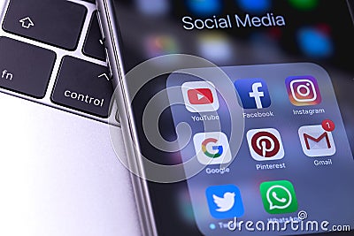 Smartphone with social media apps YouTube, Facebook, Instagram, Editorial Stock Photo