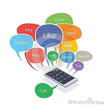 Smartphone with social media concept bubbles (like, follow, pin, share, chat, feed) Vector Illustration