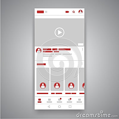 Smartphone social media mobile video youtube player interface. Play video online mock up. UI window with navigation icon Vector Illustration