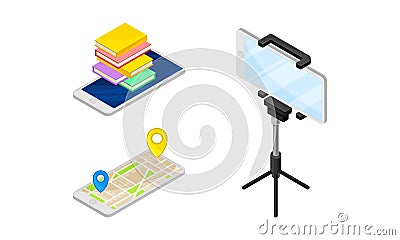Smartphone Software with Online Navigation App Showing Route and Filming with Tripod Vector Isometric Set Vector Illustration