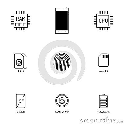 Smartphone specification flat line icons. Gadget description. Vector Illustration