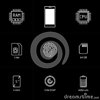 Smartphone specification flat line icons. Gadget description. Vector Illustration