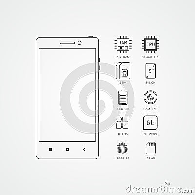 Smartphone specifications with flat line icons Vector Illustration