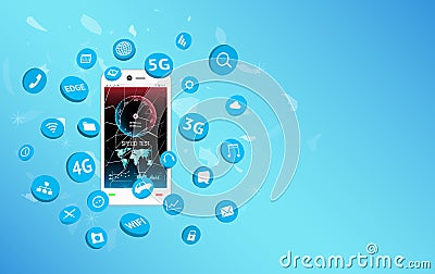 Smartphone with speed test screen and apps icon floating Vector Illustration