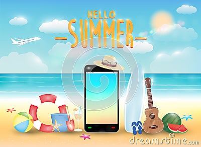 Smartphone and summer object with bright summer sea beach Vector Illustration