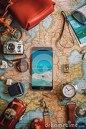 smartphone surrounded by travel essentials Stock Photo