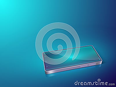 Smartphone on table. Digital blue phone. Mobile cellphone concept. Touch screen device in dark. Cellular technology Vector Illustration
