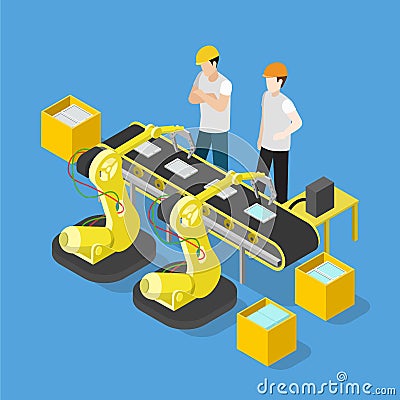 Smartphone tablet conveyor industry production flat 3d isometric Vector Illustration