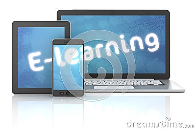 Smartphone, tablet and laptop with E-learning text, 3d render Stock Photo