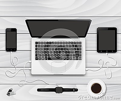 Smartphone, tablet pc and smartwatch connected to laptop computer Vector Illustration