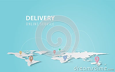 Smartphone technology application.Delivery service concept.Creative map world location network paper cut and craft style.Graphic Vector Illustration