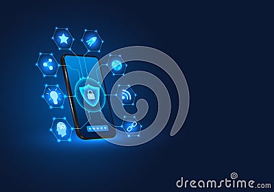 Smartphone technology with a shield on the front Mobile phones Vector Illustration