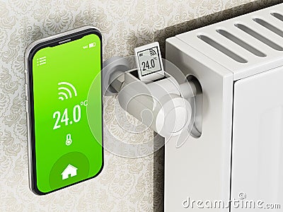 Smartphone and thermostatic radiator valve with LCD screen. 3D illustration Cartoon Illustration