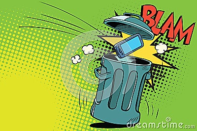 Smartphone thrown in the trash Vector Illustration