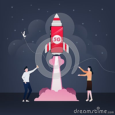 Smartphone with a title 5G is flying in the sky like a rocket. 5G network wireless technology concept. People with gadgets use Vector Illustration