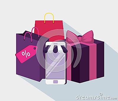 Smartphone to shopping online with bag and present Vector Illustration