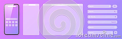 Smartphone, transparent internet browser window with various search bar templates. Web site engine with search box Vector Illustration