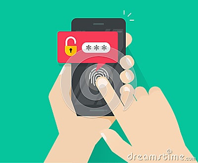 Smartphone unlocked with fingerprint button and password notification vector, mobile phone security, cellphone Vector Illustration