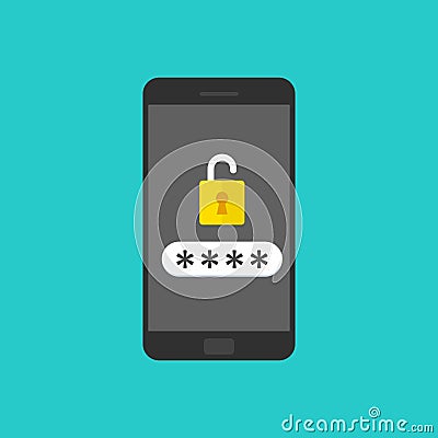 Smartphone with unlocked password bubble notification, phone screen with open lock and password field. Vector Illustration