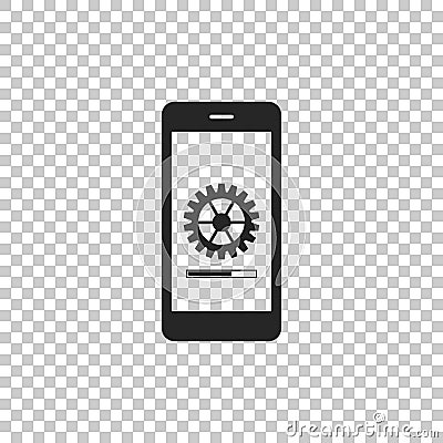 Smartphone update process with gearbox progress and loading bar icon on transparent background. System software update Vector Illustration