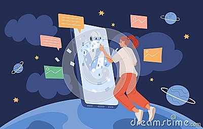 Smartphone using. Girl communicates with artificial intelligence via mobile phone. Robot assistant. Global connection Vector Illustration