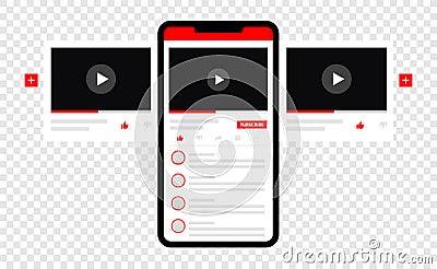 Smartphone with video player carousel design. Multimedia player ads template for popular app interface. Mobile video Vector Illustration