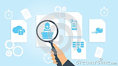 Smartphone, virus file, document research vector illustration. Document with search icons. File and magnifying glass. Analytics Cartoon Illustration