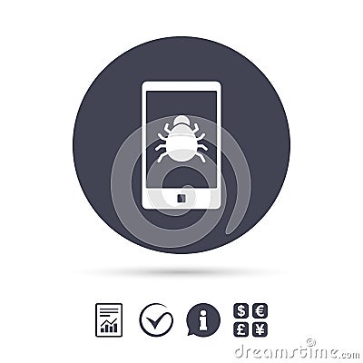 Smartphone virus sign icon. Software bug symbol. Vector Illustration