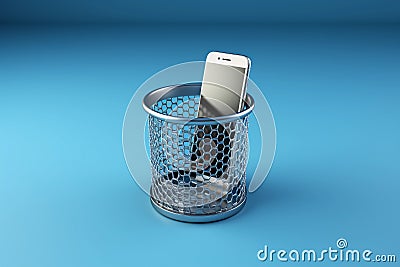 Smartphone thrown in the wastebasket on blue background. The concept of digital detox. AI generated Stock Photo