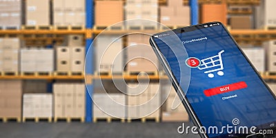 Smartphone on the watrehouse. Warehousing, storage, logistic and online shopping concept Cartoon Illustration