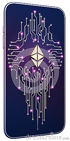 Smartphone white isolated background neon glow. Golden Ethereum symbol and circuit board on screen. The concept of mobile mining Editorial Stock Photo