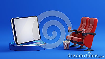 Smartphone with white screen, Cinema chairs, Popcorn and Cola on blue background. Online cinema, movie from home concept. 3d Stock Photo