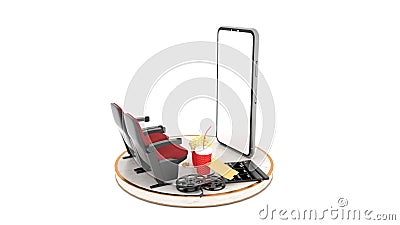 Smartphone white screen with objects in front of, Chair watching movies, popcorn, film rolls and movie tickets. Concepts, smartpho Cartoon Illustration