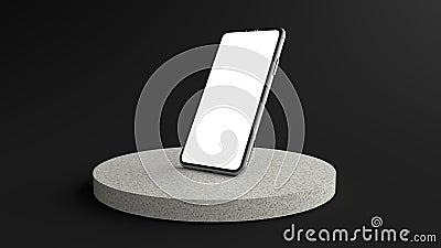 The Smartphone white screen on Round white Stone Pedestal, Mobile phone mockup tilted to the ground. Pedestal can be used for comm Stock Photo