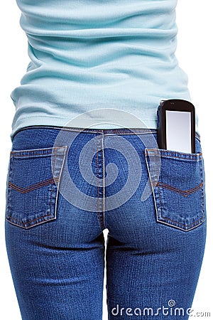 Smartphone in womans rear pocket Stock Photo