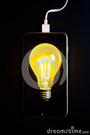 Smartphone with a yellow light bulb AI generated Stock Photo