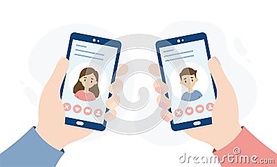 Dating application for smartphones. Hands holding smartphones. Vector Illustration