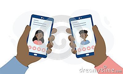 Dating application for smartphones. Hands holding smartphones. Vector Illustration