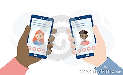 Dating application for smartphones. Hands holding smartphones. Stock Photo