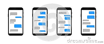 Smartphones displaying interactive text messages on different screens in a row Vector Illustration