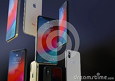 IPhone XS Gold, Silver and Space Grey smartphones, floating in air Editorial Stock Photo