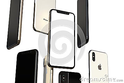 IPhone XS Gold, Silver and Space Grey smartphones, floating in air, white screen Editorial Stock Photo