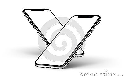 iPhone X. Smartphones mockup one behind the other front side with white screen Stock Photo