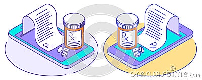 The smartphones, rx prescription from the screen, pills Vector Illustration